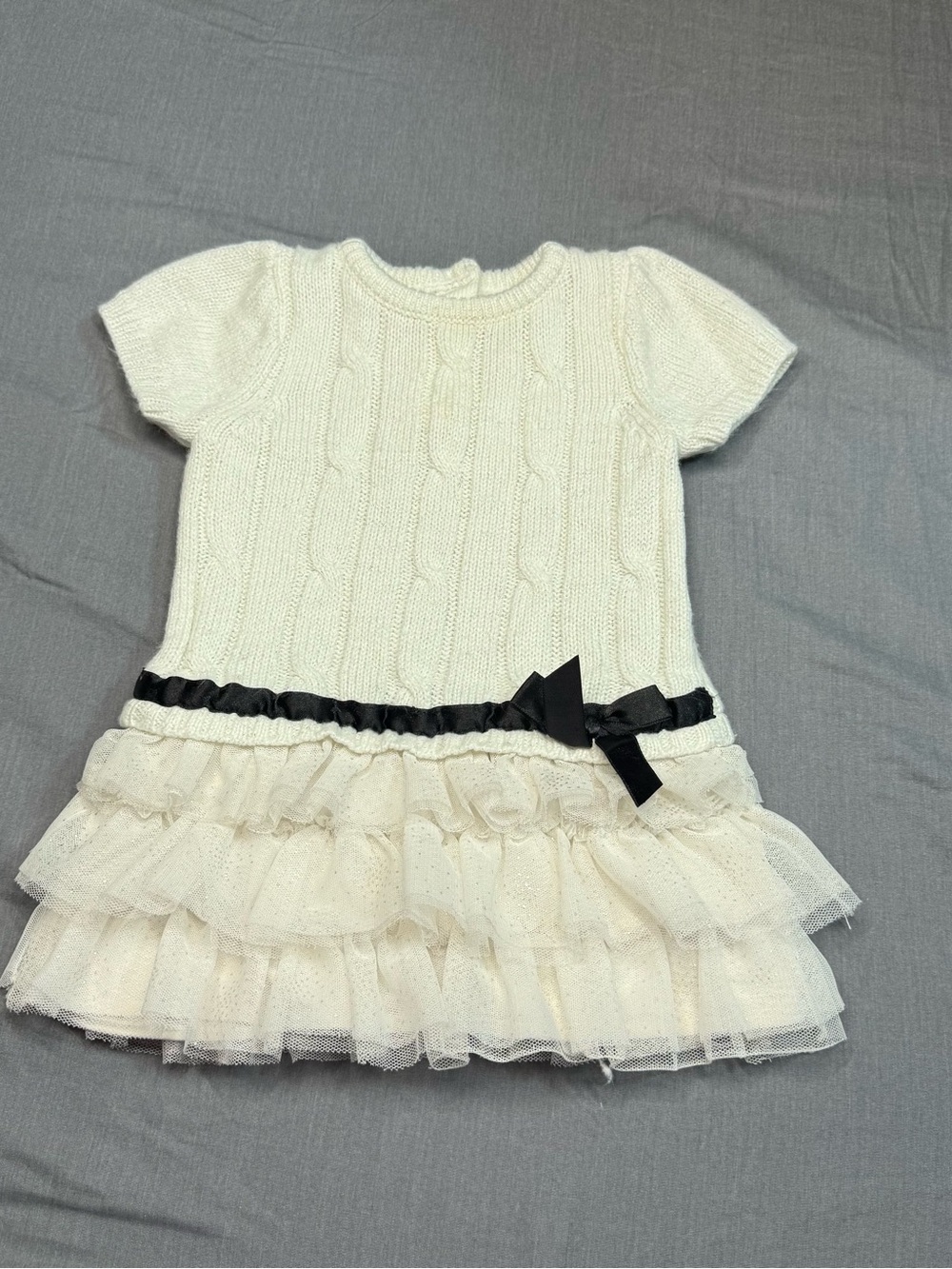 Place Cream Knit Cable Dress with Black Ribbon and Tulle Skirt